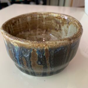 Artist stamped pottery bowl. Blue and brown glaze. Planter. Candy dish.